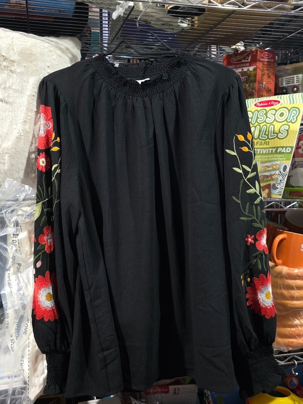 Black Embroidered Peasant Blouse with Floral Sleeve Detail